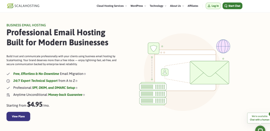 ScalaHosting's Business Email Hosting page showing plans starting from $4.95/mo