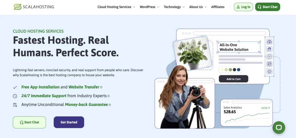 ScalaHosting official homepage showing SPanel dashboard, free app installation, and 24/7 support
