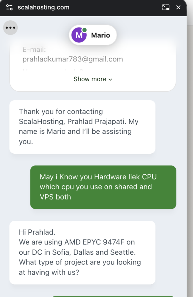 ScalaHosting live chat support confirming AMD EPYC 9474F CPUs on their Sofia, Dallas, and Seattle data centers