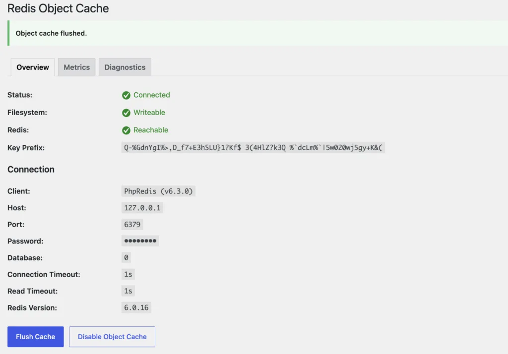 Redis Object Cache plugin showing a live connected and reachable status on a ScalaHosting install