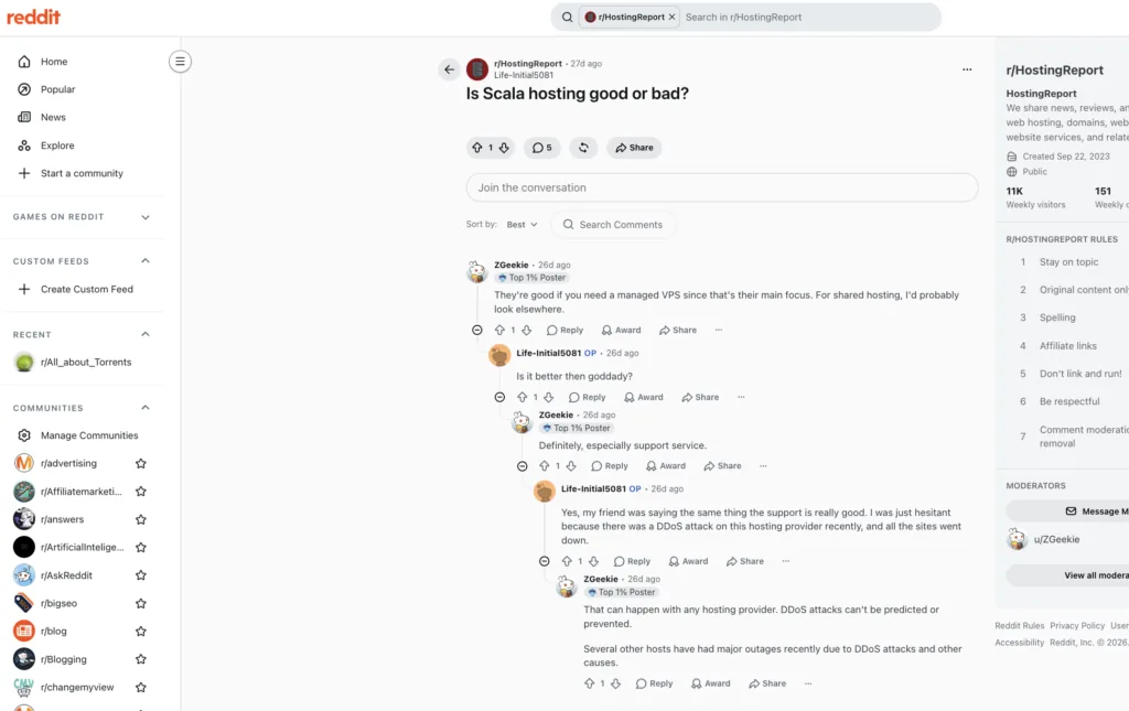 Reddit discussion in r/HostingReport asking whether ScalaHosting is good or bad