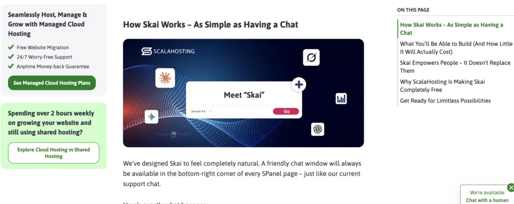 ScalaHosting's Skai AI agent chat interface announcement inside SPanel
