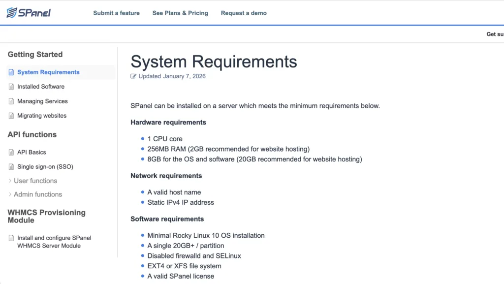SPanel official system requirements page showing hardware, network, and software requirements