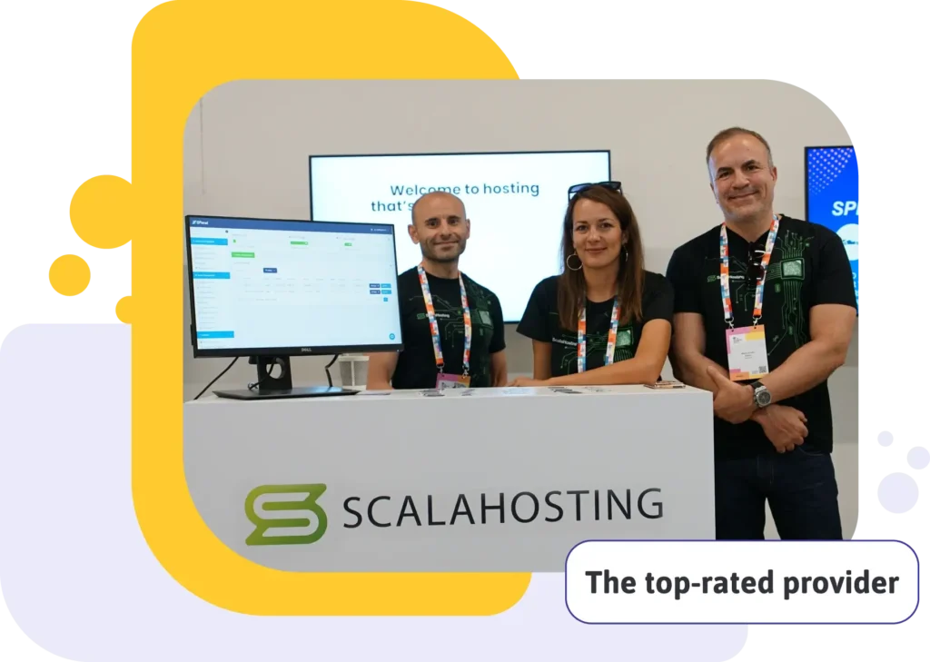 Chris and Vlad, co-founders of ScalaHosting, at a ScalaHosting conference booth
