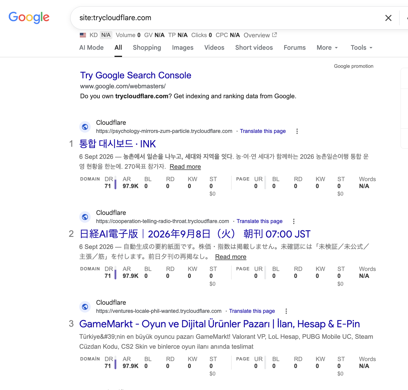 Google search results for site:trycloudflare.com showing multiple indexed random tunnel URLs