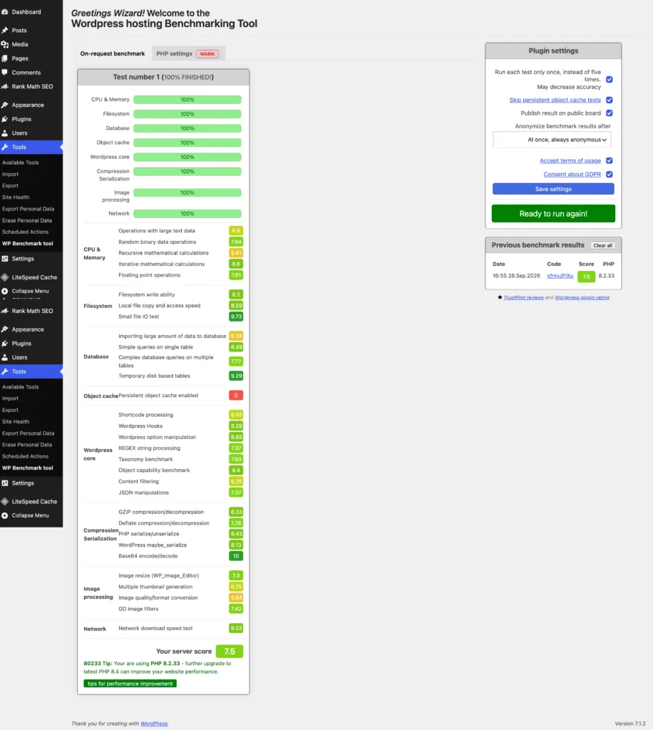 WordPress Hosting Benchmarking Tool results on a ScalaHosting install showing a 7.5 server score