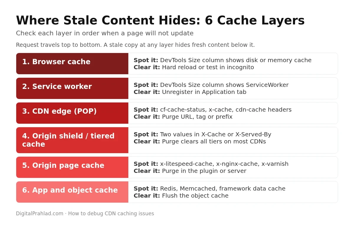 Six cache layers where stale content hides, from browser to object cache