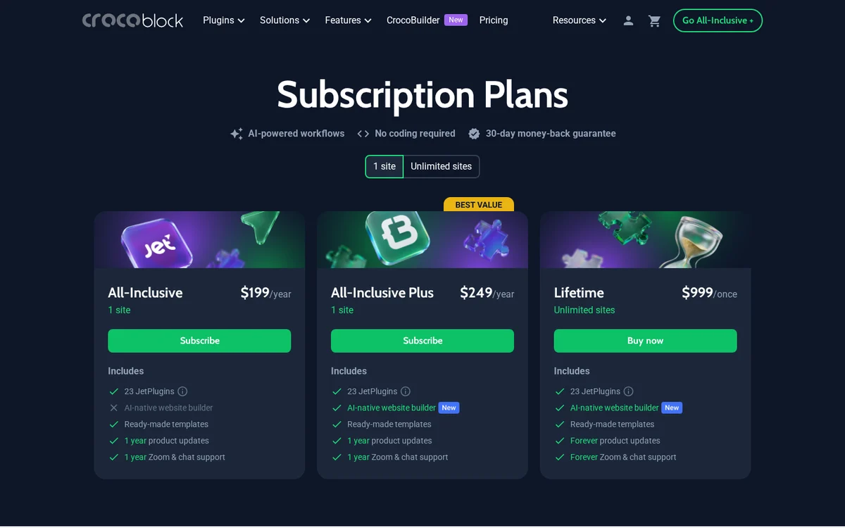 Crocoblock pricing plans 2026: All-Inclusive, Plus and Lifetime