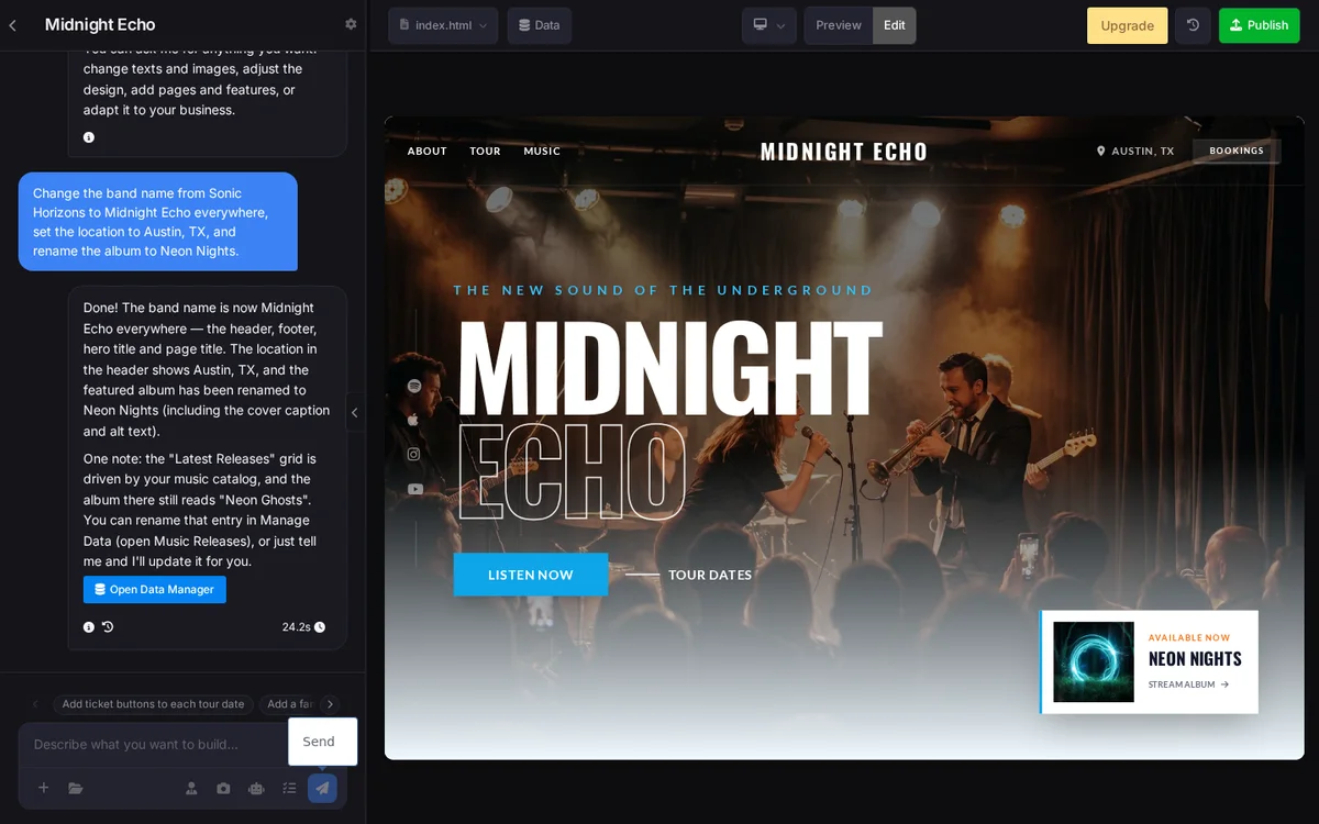 SITE123 AI editor changing the band name on a free musician website
