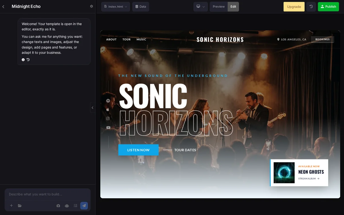 SITE123 AI editor open with a musician website template