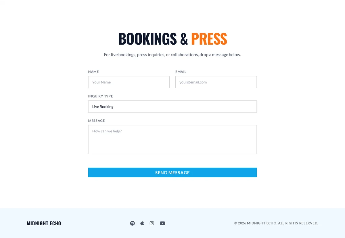 Bookings and press contact form for musicians