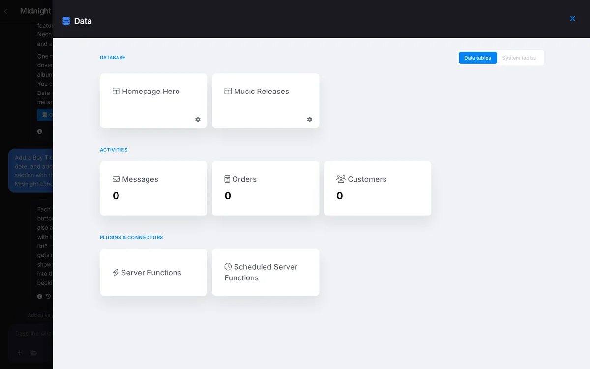 SITE123 data manager for music releases and fan messages