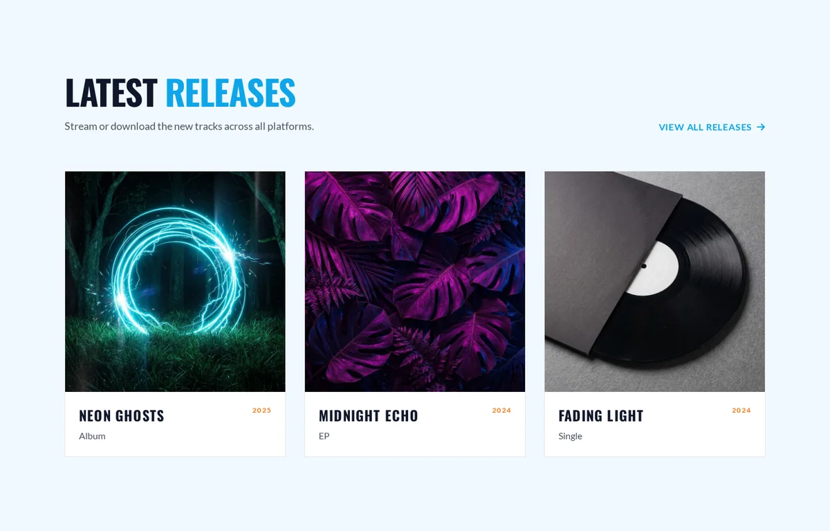 Latest releases music section on a musician website