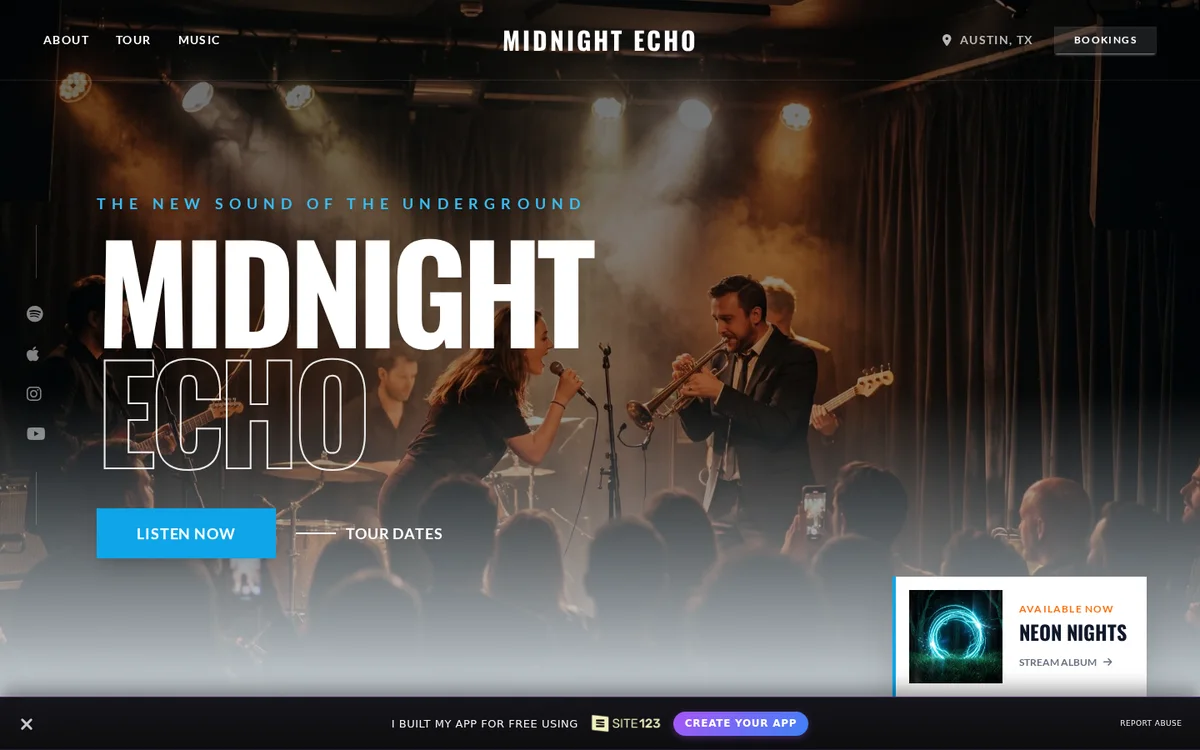 Live free musician website on a SITE123 subdomain