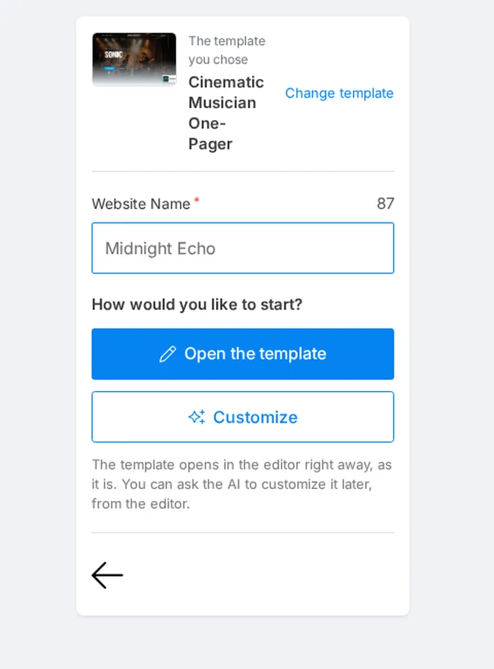 Naming your free musician website in SITE123