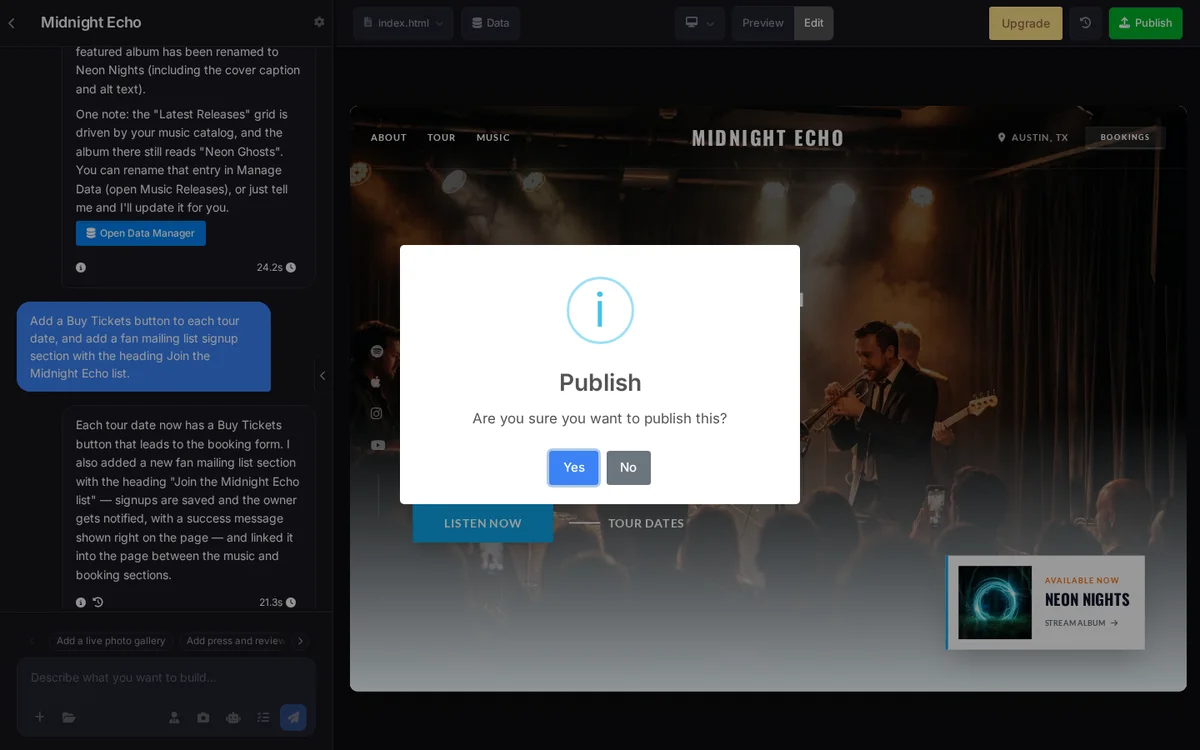 Publishing a free musician website in SITE123