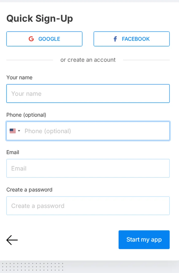 SITE123 free sign-up form with no credit card