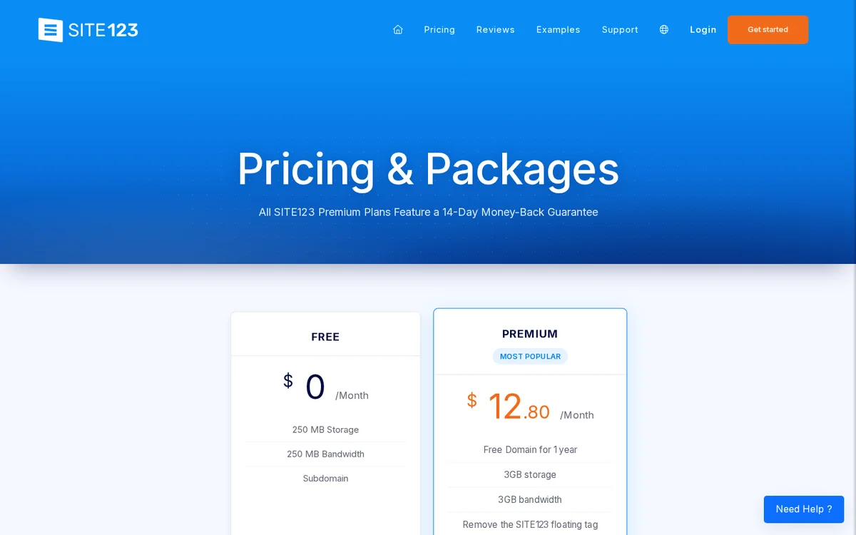 SITE123 free plan vs premium pricing