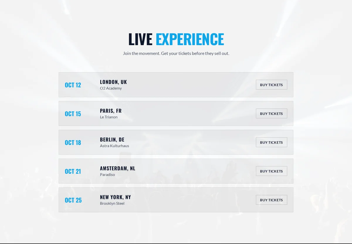 Tour dates with Buy Tickets buttons on a free musician website