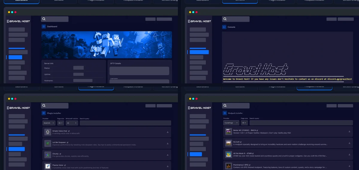 GravelHost control panel interface with dashboard, console, plugin and modpack installer