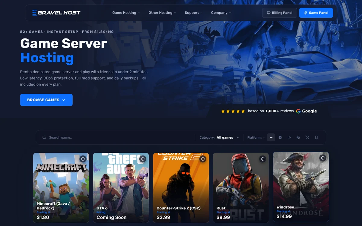 GravelHost game server list with 50+ supported games