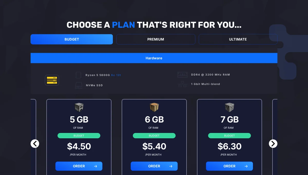 GravelHost Minecraft server plans with Budget, Premium and Ultimate tiers