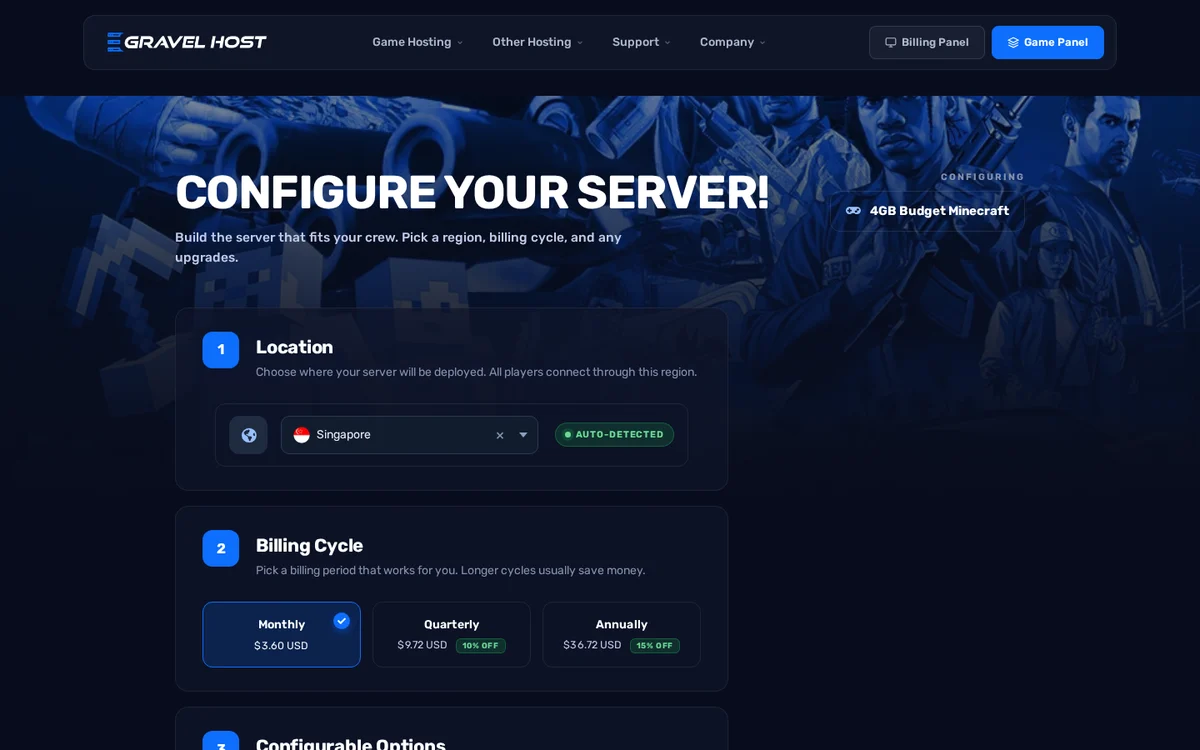 GravelHost order page with location, billing cycle and add-ons