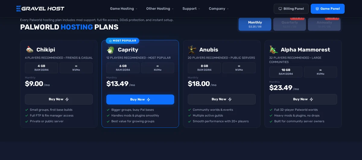 GravelHost Palworld server plans from 4 to 32 players