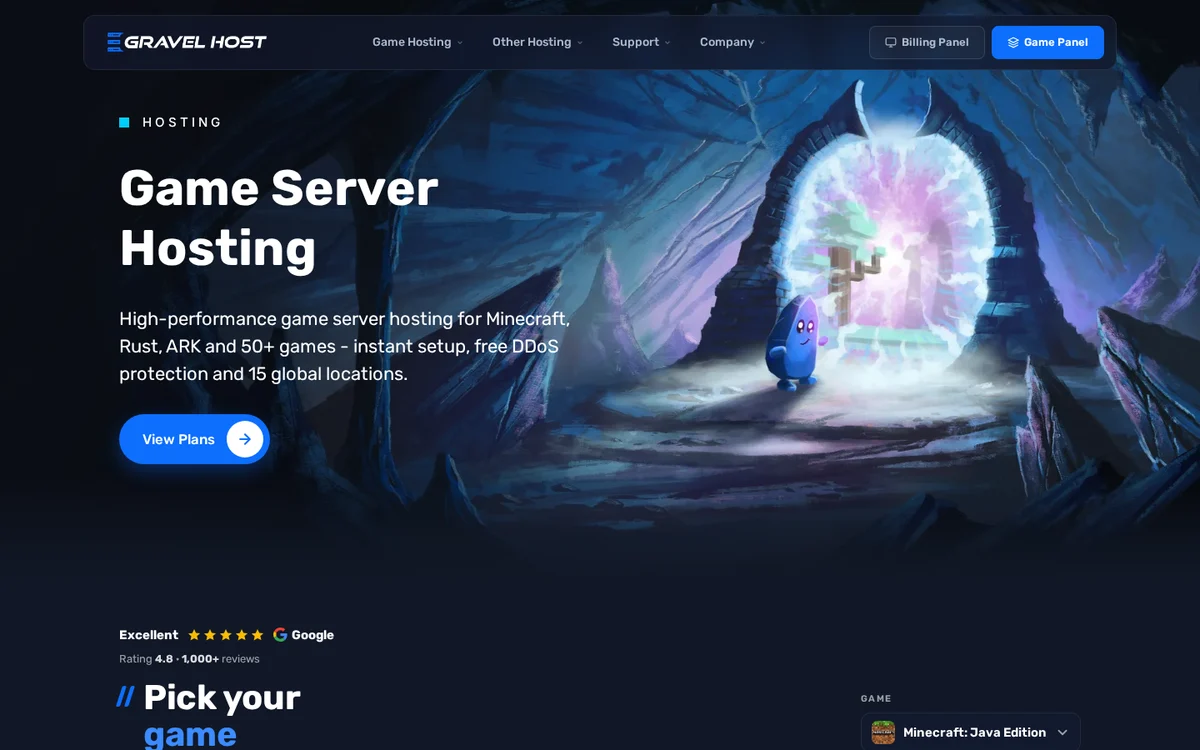 GravelHost review homepage with game server hosting plans
