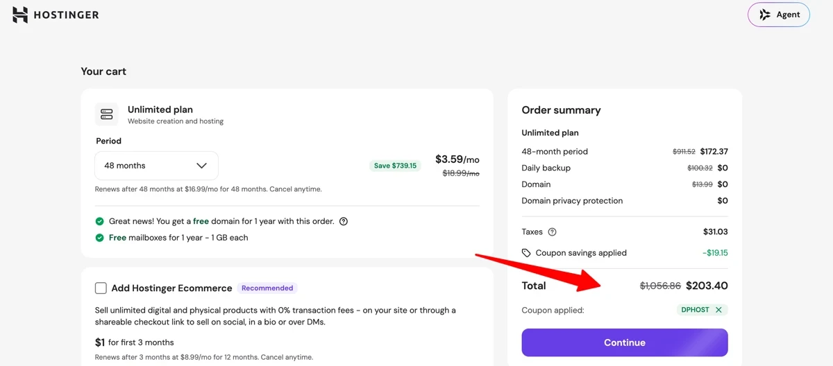 Hostinger coupon code DPHOST applied at checkout, 10% off the total