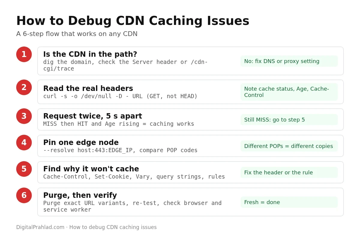 Flowchart showing how to debug CDN caching issues in 6 steps