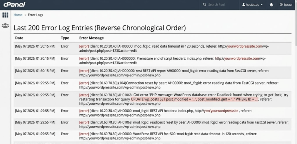 cPanel hosting control panel error logs showing Apache 500 error for WordPress REST API post save request