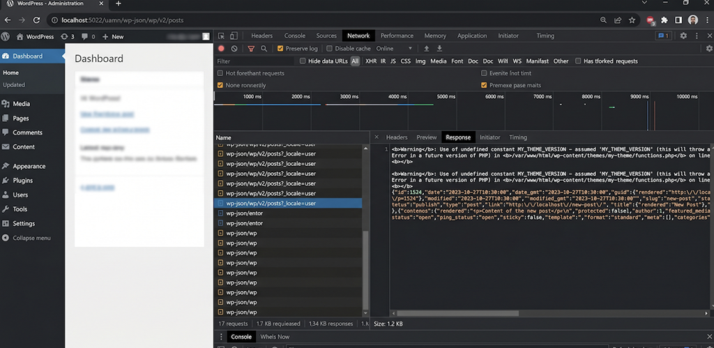 Chrome DevTools showing WordPress REST API response body with PHP warning prepended to JSON causing invalid JSON parsing error