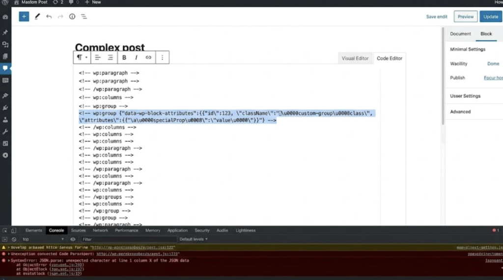 Gutenberg code editor showing raw block HTML comments with control characters in JSON block attributes causing REST API failure