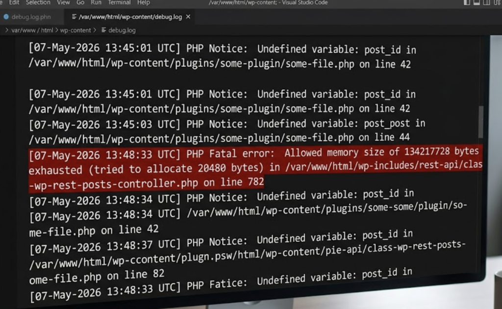 WordPress wp-content debug log file showing PHP memory exhausted fatal error from REST API save failure