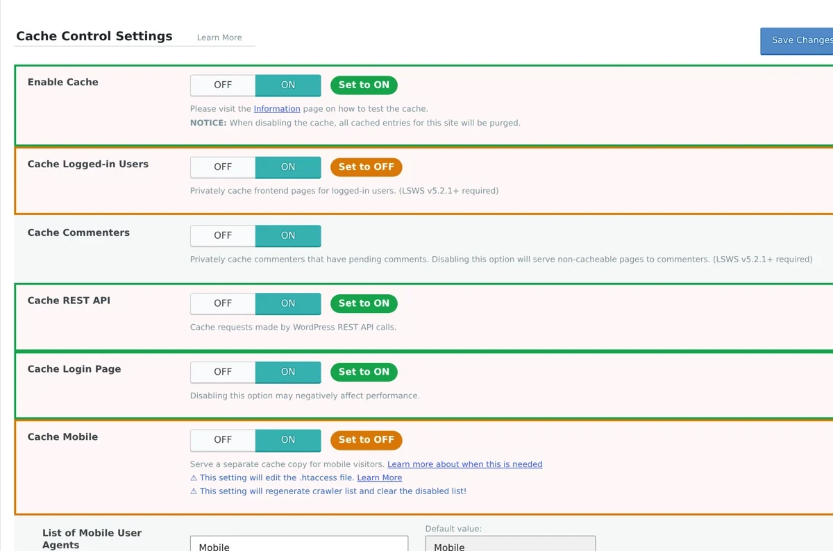 LiteSpeed Cache Control settings with recommended values marked