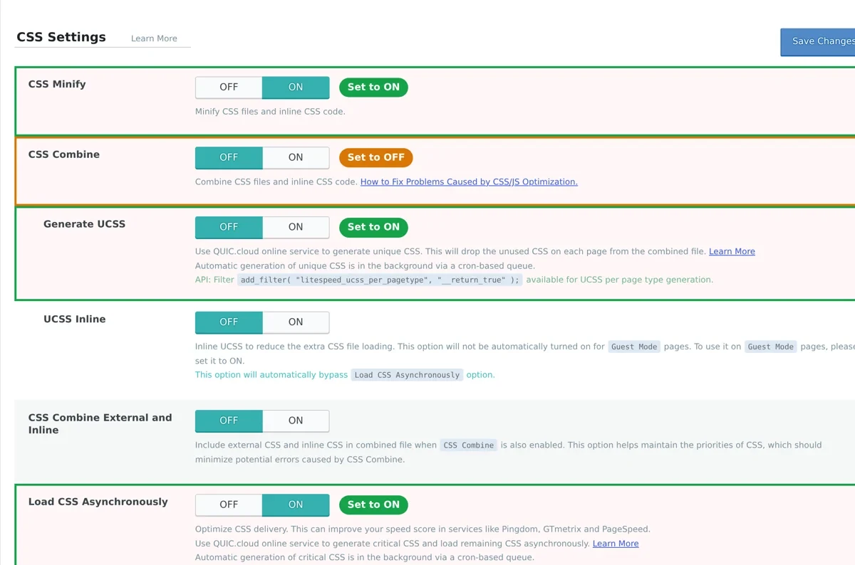 LiteSpeed Cache CSS settings with recommended values marked