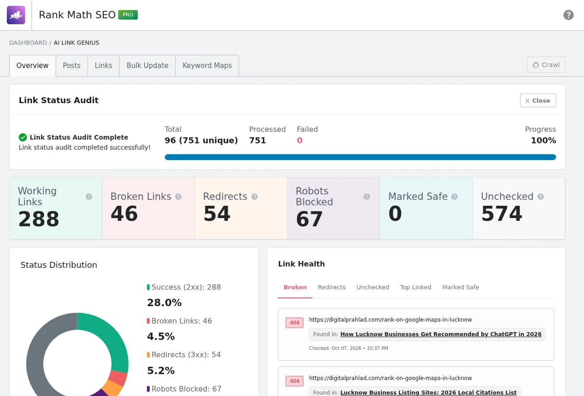 Rank Math AI Link Genius link status audit