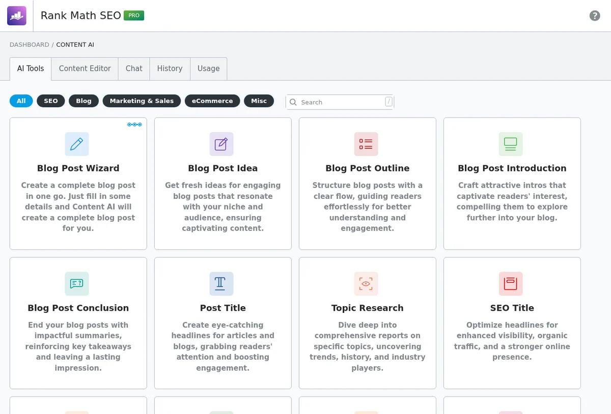 Rank Math Content AI tools library