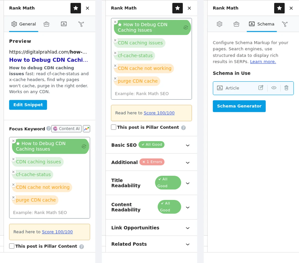 Rank Math editor sidebar showing SEO score 91, focus keywords, checks and schema