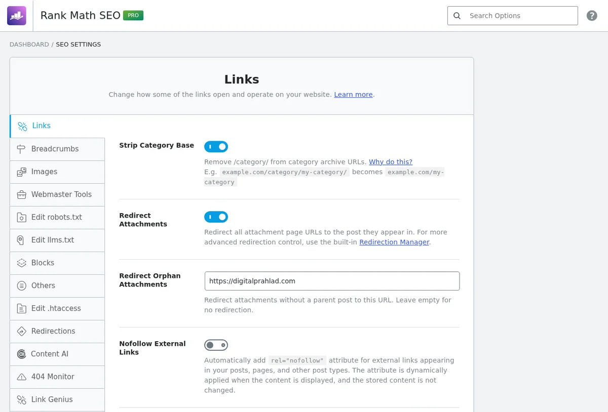 Rank Math general settings with robots.txt and llms.txt editors