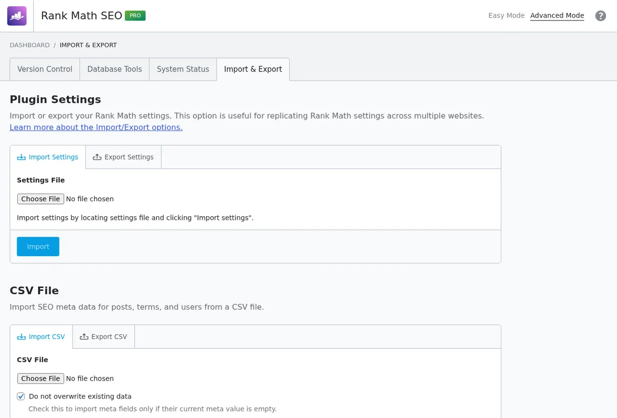 Rank Math import and export screen to migrate from Yoast SEO