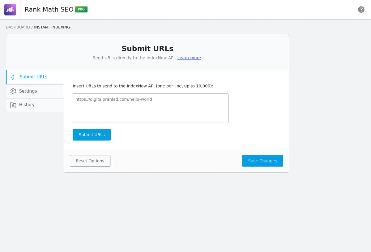 Rank Math Instant Indexing IndexNow URL submission
