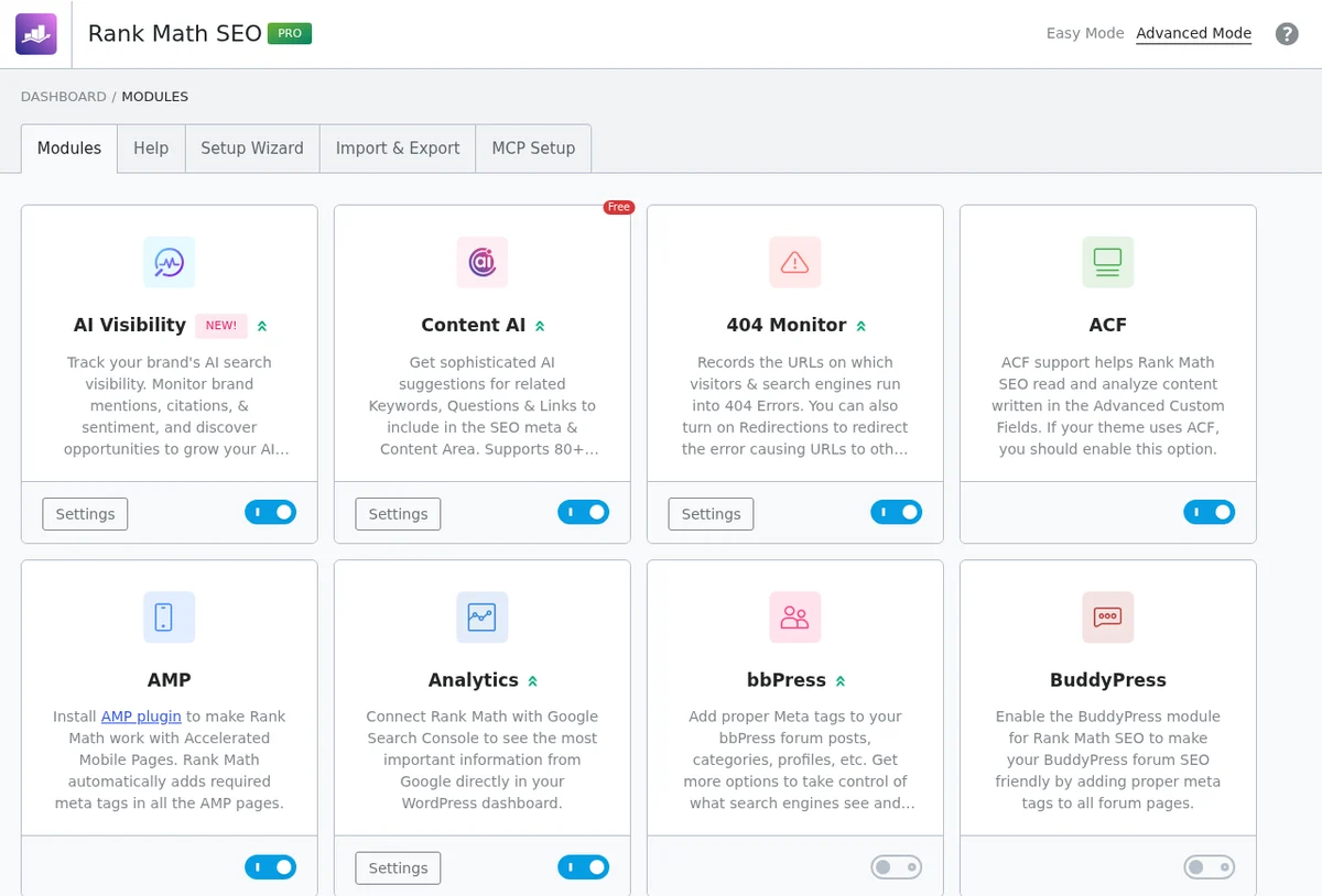Rank Math modules dashboard with AI Visibility, Content AI and 404 Monitor