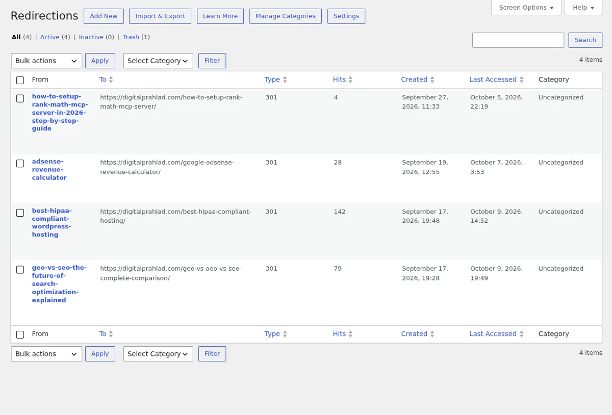 Rank Math redirections manager with 301 redirects and hit counts
