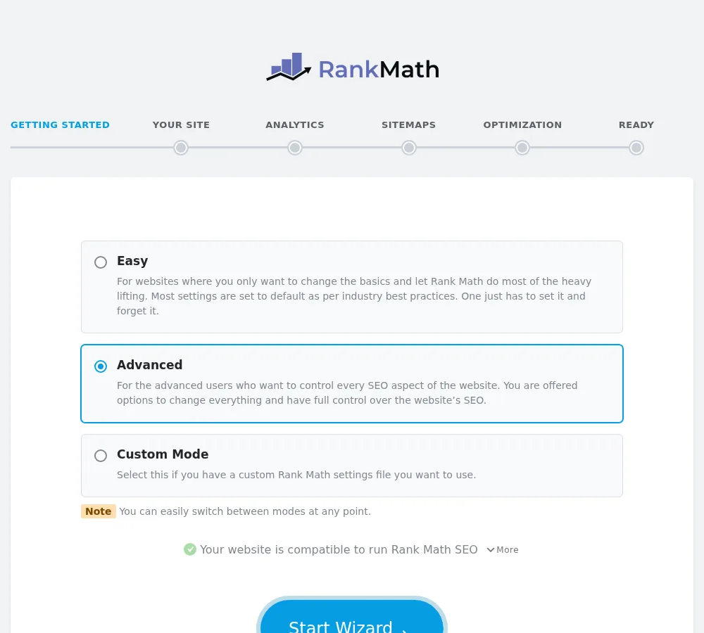 Step 2 Rank Math setup wizard Easy, Advanced or Custom mode