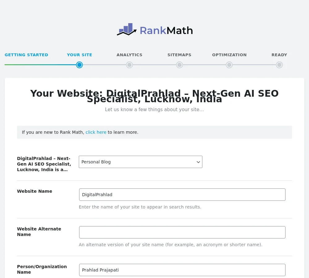 Step 3 Rank Math setup wizard your site details
