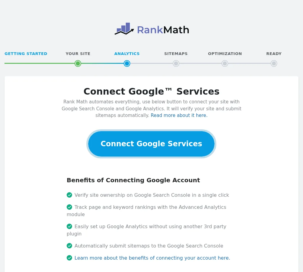 Step 4 Rank Math connect Google Search Console and Analytics