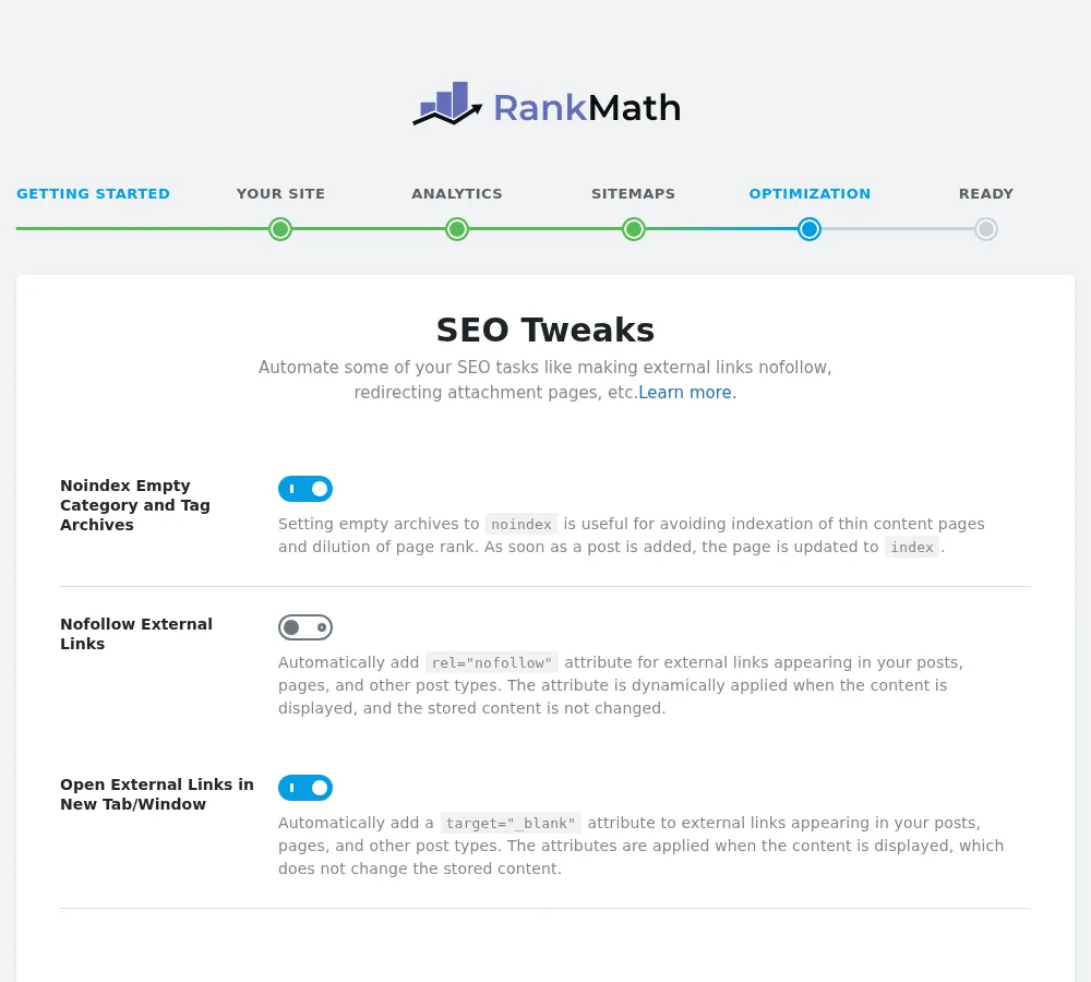 Step 6 Rank Math SEO tweaks noindex empty archives and external links