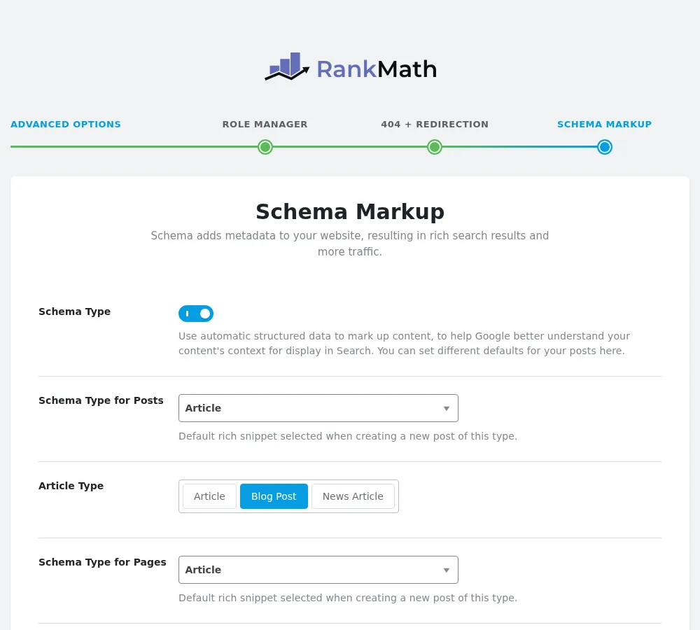 Step 8 Rank Math default schema markup settings